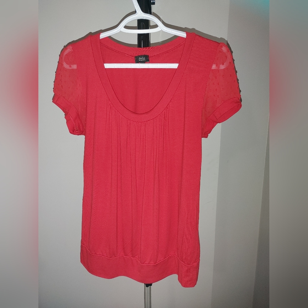 Top with pretty sheer Swiss dot sleeves